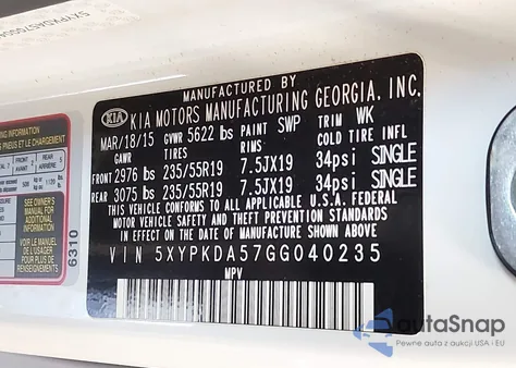 2016 Kia Sorento 3.3L Sx z USA, uszkodzony, nr VIN 5XYPKDA57GG040235